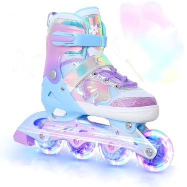 Imagem de Patins Roller Inline 4 Rodas Skates Ajustavél com Rodas Iluminadas Jovens e Adultos, Para iniciantes, Adequado para uso Interno e Externo (Roxo/Borboleta, M (32-35))