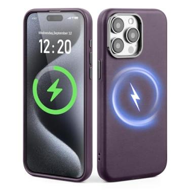 Imagem de SkyEagle Capa de celular para iPhone 15 Pro Max, compatível com Magsafe e carregamento sem fio, bisel de câmera de metal, fina, antiderrapante, luxuosa, capa protetora de couro PU adequada para Apple