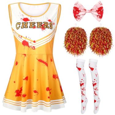 Imagem de SATINIOR 4 Pcs Cheerleader Halloween Costume for Women Adult Zombie Bloody Outfit Fancy Dress for Halloween Party(Gold Blood,Small)