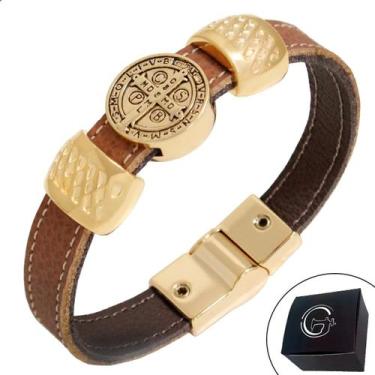 Imagem de Pulseira de Couro São Bento Magnética Dourada Feminina A Cruz Sagrada 