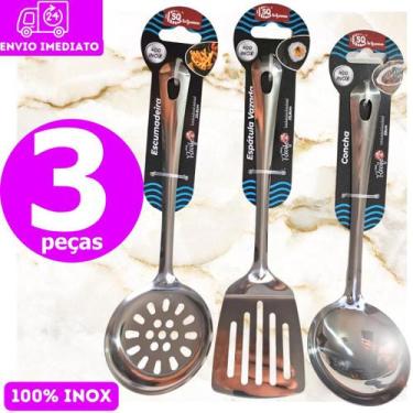 Imagem de Kit Inox 3 pçs Escumadeira + Concha + Espátula Vazada Cozinha coisas d
