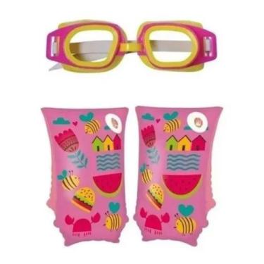 Imagem de Kit Boia Para Criança Infantil Braço 50kg + Oculos Natação - MOR, Rosa