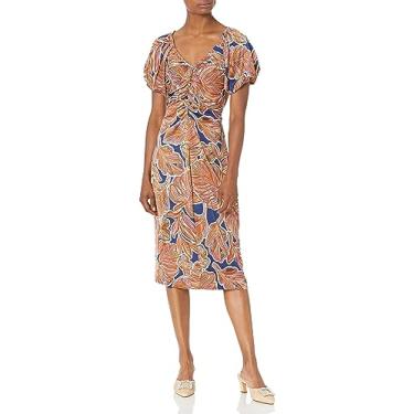 Imagem de Maggy London Vestido midi feminino com estampa floral decote em V e cintura império, Marinho/Marrom Umber, 48