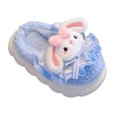 Imagem de YIJU Pantufas infantis, pantufas de inverno, forro de pelúcia, macias, novidade, fofas, desenho animado, com laço, sapatos para casa, chinelos para quarto, Azul 24 a 25