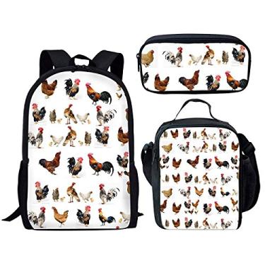 Imagem de Doginthehole Mochila com estampa de coruja, 3 peças, bolsa escolar para meninos e meninas, Laptop, Chicken, One_Size