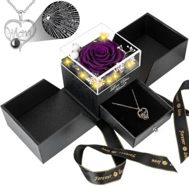 Imagem de BNWXOY Presentes para mãe de filha e filho, ideia única de presente de aniversário para mãe, rosa real preservada com eu te amo em 100 idiomas colar para mãe, presente legal para mãe e mamãe - roxo