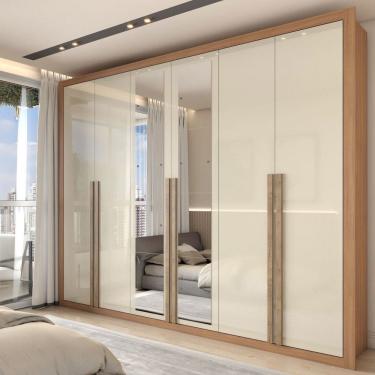 Imagem de Guarda-Roupa Casal Severo 6 Portas 6 Gavetas com Espelho Cinamomo/Off White - Panorama Móveis