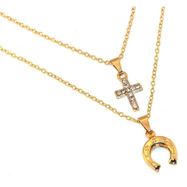 Imagem de Colar Country Duplo Crucifixo Ferradura Folheado Ouro 18k