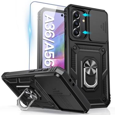 Imagem de Goton Capa compatível com Samsung Galaxy A36 A56 5G com capa para câmera e anel de suporte com protetor de tela de vidro temperado, capa protetora à prova de choque de grau militar preta
