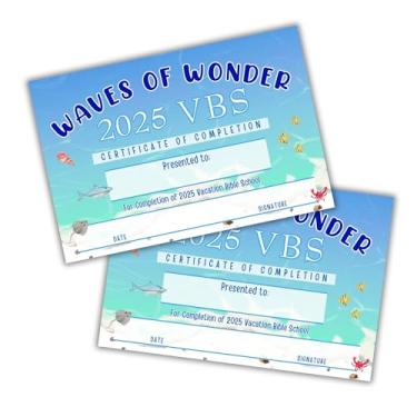Imagem de 2025 VBS Certificado de Conclusão Waves of Wonder pacote com 50 unidades 23x15 cm Prêmio Bíblia Escola Participação Oceano Submarino Brilho Currículo a granel