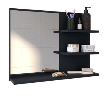 Imagem de Espelheira Para Banheiro Pequena Com Prateleiras MóVel Espelhado Para Banheiro Com Prateleira Organizadoras(Preto - Espelheira)