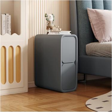 Imagem de Mesa lateral de sofá estreita | Mesa de cabeceira fina minimalista com 2 gavetas | Mesa de cabeceira de couro de microfibra, móveis de quarto de madeira para espaços pequenos, cinza-azul, 25 x 40 x 50