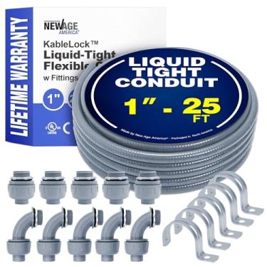 Imagem de New Age America® Conduíte flexível de 2,5 cm - 7,5 m KableLock™ | Conduíte elétrico | Não metálico | 5 peças retas + 5 peças de encaixes angulares + 5 peças de tiras de suporte de tubo | PVC