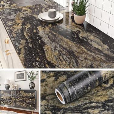 Imagem de Livelynine 15,8 x 197 papel de contato de granito à prova d'água descascar e colar bancadas papel de parede de mármore preto marrom autoadesivo para locatário amigável para balcão de vinil capa de