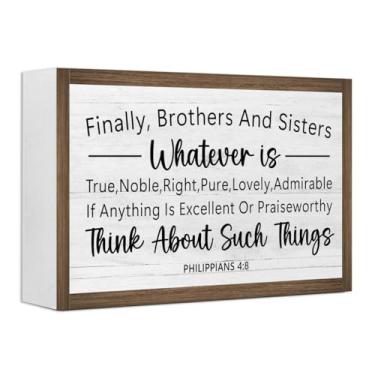 Imagem de Think About Such Things Philippians 4:8 versículo bíblico caixa de madeira placa decoração de mesa, placa de bloco de madeira de escritura rústica para casa de fazenda cristã, prateleira de escritório
