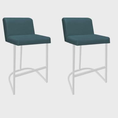 Imagem de Kit 02 Banquetas Com Encosto Noah Luxo Confort Bistrô Cozinha Ferro Branco Suede Azul Turquesa - Ahazzo Móveis
