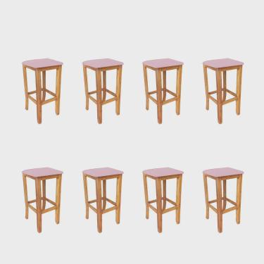 Imagem de Kit 08 Banqueta Alta Cally Gourmet Balcão Bistrô Cozinha Base Madeira Maciça Sintético Rosa Bebê - Ahz Móveis