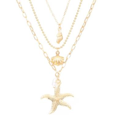 Imagem de Yecomsy Colar em camadas de estrela do mar delicado dourado estrela do mar concha gargantilha colares praia surfista fantasia joias para mulheres, Zinco, Sem Pedra Preciosa