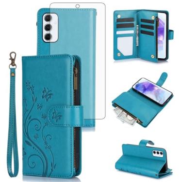 Imagem de Asuwish Capa de celular para Samsung Galaxy A55 5G carteira celular com protetor de tela de vidro temperado alça de pulso flor flip zíper porta-cartão slot suporte A 55 55A A555G mulheres meninas azul