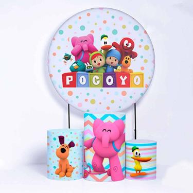Imagem de Kit Painel de Festa Redondo de 1,50m e Trio de Cilindros Pocoyo - Fera Print