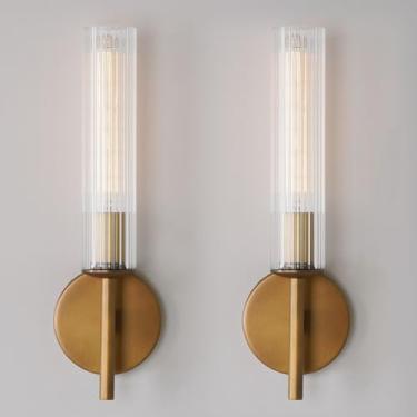 Imagem de Aomuo Conjunto De Dois Arandelas De Parede De Latão, Arandelas De Tubo De Vidro Transparente Com Nervuras, Arandela De Banheiro Dourada, Conjunto De Dois Arandelas De Banheiro, Arandelas De Parede C