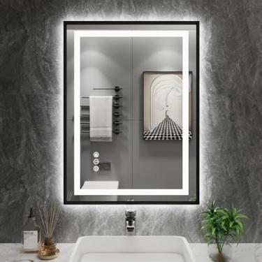 Imagem de Amorho Espelho LED de casa de banho de 20 x 28 polegadas com moldura preta, luz frontal e retroiluminada, regulável contínuo, anti-névoa, à prova de quebra, memória, 3 cores, espelho de trocador LED