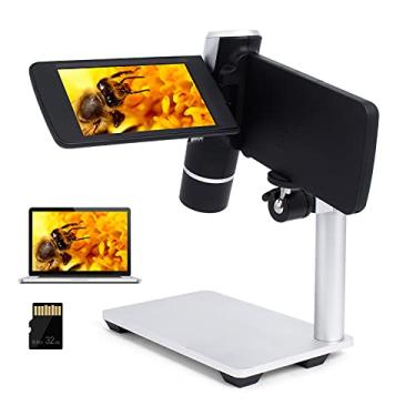 Imagem de LINKMICRO Microscópio digital LCD portátil LM203 com suporte de metal, kit de microscópio digital USB portátil de 10 cm 200X para adultos e crianças, 8 LEDs, cartão SD compatível com Windows Mac 32G