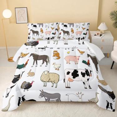 Imagem de QOOMO Jogo de cama solteiro com desenho animado de porco de fazenda, galinha, cavalo ovelha, cachorro, para decoração de quarto, branco, macio, leve, para todas as estações, 1 conjunto de edredom e 2