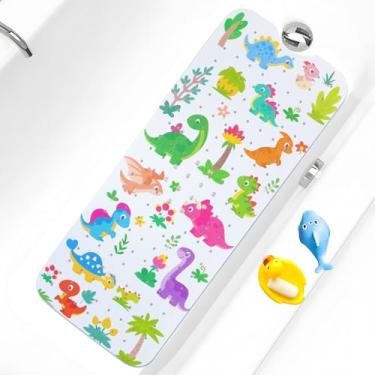 Imagem de Tapete de banho infantil antiderrapante para banheira extra longo 102 x 40 cm, tapete de chuveiro antiderrapante com ventosas e orifícios de drenagem, lavável na máquina (dinossauro da floresta)
