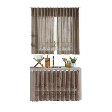 Imagem de Kit Cortinas de Renda Para Janela e Pia Cozinha Rosas Nude Escuro - Qu