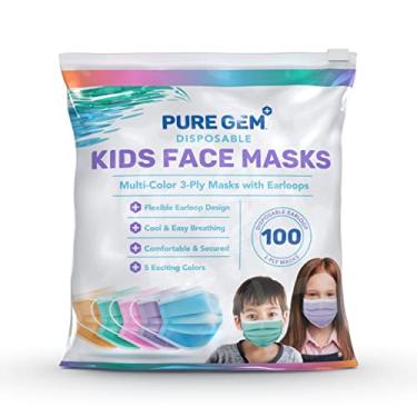 Imagem de PURE GEM [Pacote Com 100] Máscaras Faciais Descartáveis Para Crianças, Meninos E Meninas, Máscaras De 3 Camadas, Capa Facial Com Elásticos Para Orelhas, Para Creche, Escola (Coloridas)