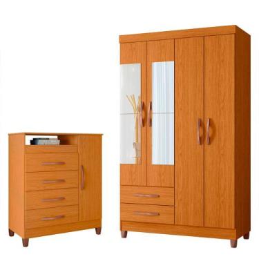 Imagem de Quarto Solteiro Completo Guarda Roupa Âmbar 4 portas com Espelho Cômod