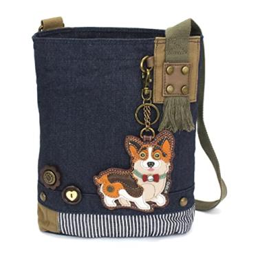 Imagem de Chala Bolsa feminina transpassada, bolsa mensageiro de lona jeans azul, Cardigã Corgi - Jeans, 10" x 4" x 10.5" HANDLE DROP: 13”-25”