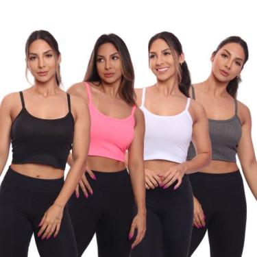Imagem de Kit 4 Top Cropped Alcinha Canelado Feminino Lisa Básica - Brás e Cia, 