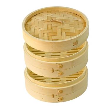 Imagem de DEAUVIOR Cesta De Bambu Para Cozimento A Vapor - Bolinho Massa Tradicional Com Tampa Cozinhar Vegetais, Pães Bao, Peixes E Carnes (4" Duas Camadas)