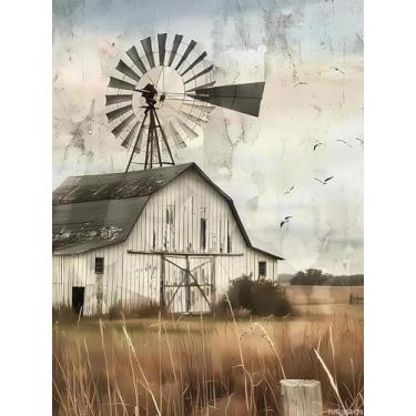 Imagem de TUTUMAY21 The Rustic Barn and Windmill 5D DIY Full Drill Round Art Diamond Art Perfeito para decoração de parede doméstica kits de pintura de diamante de celeiro para adultos 30 x 40 cm