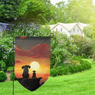 Imagem de Relógio de elefante e cachorro com estampa do pôr do sol bandeira de jardim dupla face bandeira de quintal 45,7 x 32 cm bandeira de feriado bandeira de festa todas as estações bandeira de boas-vindas