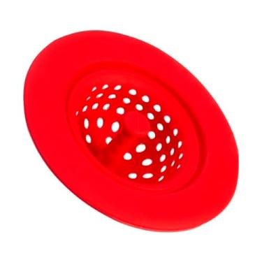 Imagem de Ralo Para Pia de Cozinha Em Silicone 11cm com Pino Puxador Central Filtro Coador Peneira suporta de -30 a 240c (Vermelho)