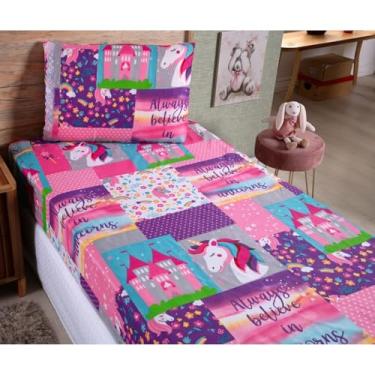 Imagem de Kit Jogo De Lençol Solteiro Com Elástico 2 Peças(Unicórnio Pink)