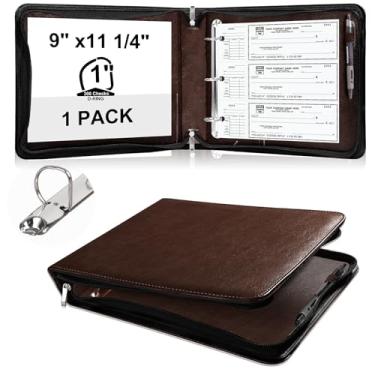 Imagem de Fichário de 3 anéis com zíper capa de couro PU para fichário de cheques pessoais para mesa, capa para talão de cheques de 3 e 9 furos, anel D de 2,5 cm para escritório (não serve para 7 furos, marrom