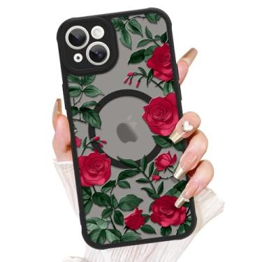 Imagem de AIGOMARA Capa para iPhone 13, compatível com MagSafe, linda estampa de flor rosa com capa de telefone fosca semitransparente para mulher Gilrs TPU macio e PC capa protetora traseira fina vermelha