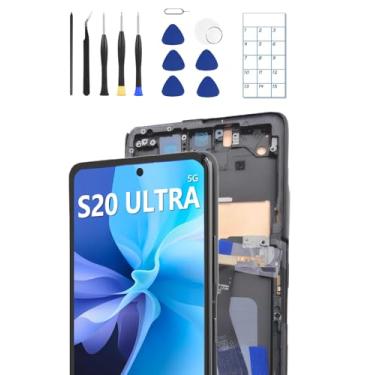 Imagem de Tela OLED de substituição para Samsung Galaxy S20 Ultra 5G Display OLED Touch Screen Digitalizador Montagem suporta impressão digital com moldura + ferramentas + guia de substituição (preto)