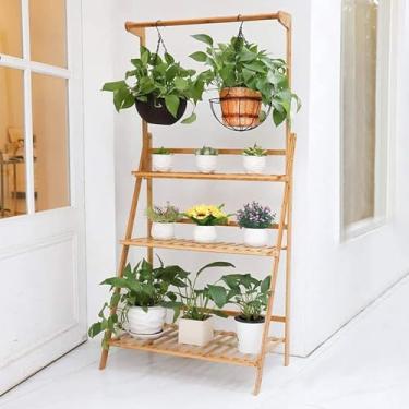 Imagem de Prateleira De Plantas De Escada De Bambu De 3 Camadas Prateleira De Exibição De Plantador Ao Ar Livre Pendurado Organizador De Vaso De Flores Dobrável Rack De Roupa, Natural, L 70cm(27.5in)