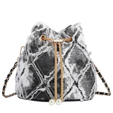 Imagem de Extolove Bolsa jeans feminina acolchoada com cordão, bolsa Hobo, bolsa tiracolo, Preto e branco, 7.28*5.51*7.28 in