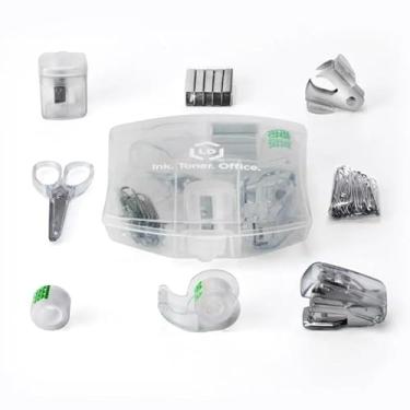 Imagem de LD Produtos Mini kit de material de escritório transparente estojo portátil com tesoura, clipes de papel, conjunto de dispensador de fita, apontador de lápis, mini grampeador com grampos e removedor