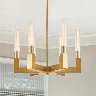 Imagem de TACDANDM Lustre dourado de latão com persianas de vidro listradas, luminárias pendentes modernas ajustáveis com 6 luzes para sala de jantar, iluminação pendente de cozinha sobre ilha, base E26
