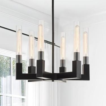 Imagem de TACDANDM Lustre preto fosco com persianas de vidro listradas, luminárias pendentes modernas ajustáveis com 6 luzes para sala de jantar, iluminação pendente de cozinha sobre ilha, base E26 (lâmpadas