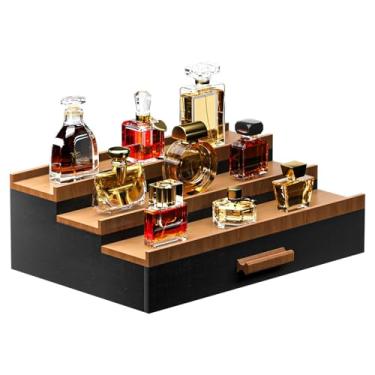 Imagem de Vdamu Organizador de colônia para homens, 3 níveis de suporte de exibição de colônia elevada com armazenamento de gaveta, visor de colônia em escada, organizador de perfume e elevadores de