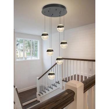 Imagem de Lustre pendente de globo de 6 luzes moderno lustre de cristal preto para ilha de cozinha, luminária suspensa para sala de jantar quarto