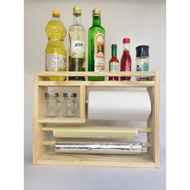 Imagem de Prateleira porta tempero madeira cozinha suporte parede papel toalha aluminio filme